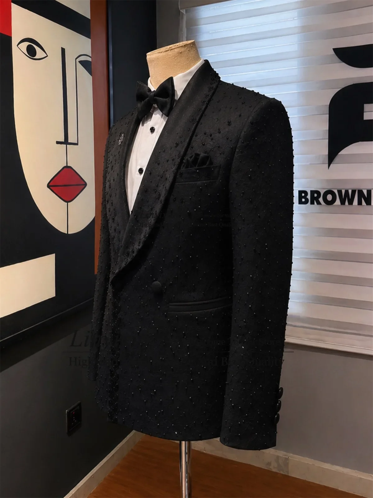 Sparkly Embroidered Beaded Tuxedo Men Suit Customized Slim Groom Party Male Blazers 2 Piece Set Wedding Jacquard Party Clothes