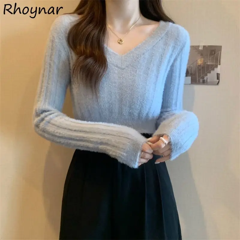 V-neck Pullovers Women Slim Fluffy Autumn New Basic Korean-style Solid Simple Office Ladies Crop Tops Vintage Gentle Trendy Cozy