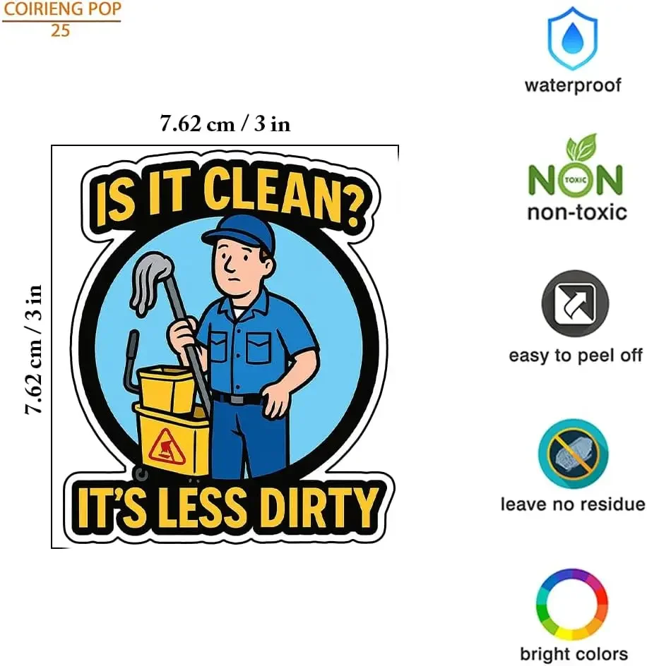 

3 шт. забавных наклеек с изображением дворника: «Чисто» Водонепроницаемая виниловая наклейка "It's Less Dirty" – подарок для сотрудников, управляющих и уборочных служб