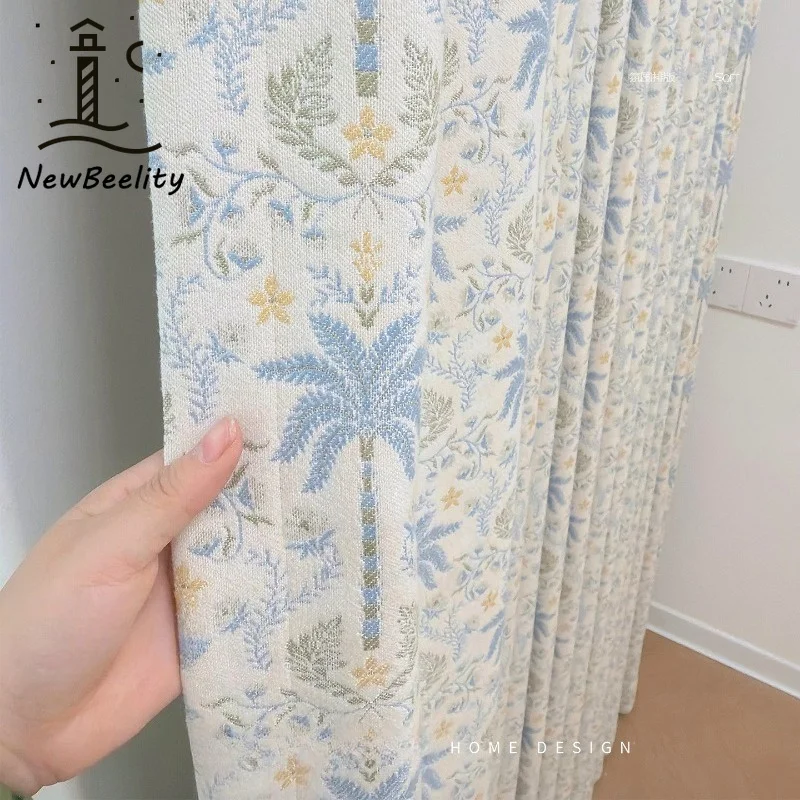 Palm Coast Aqua Blue Yarn-dyed Jacquard Curtains for Living Dining Room Bedroom Luxury Blackout Custom Size Decoration Drapes
