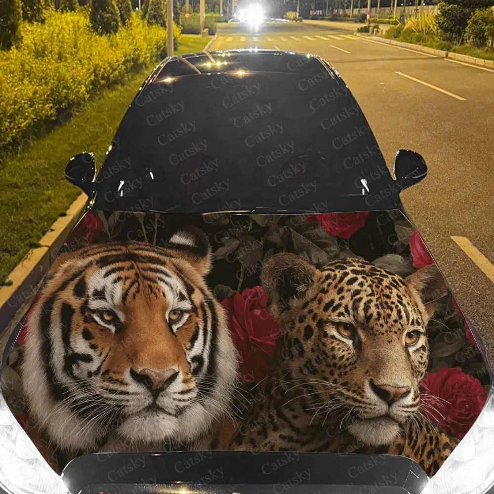Car Decal Tiger & Leopard with Red Rose Artistic Fusion in Paired Design, Creating a Bold and Wildly Compelling Visual Car Hood