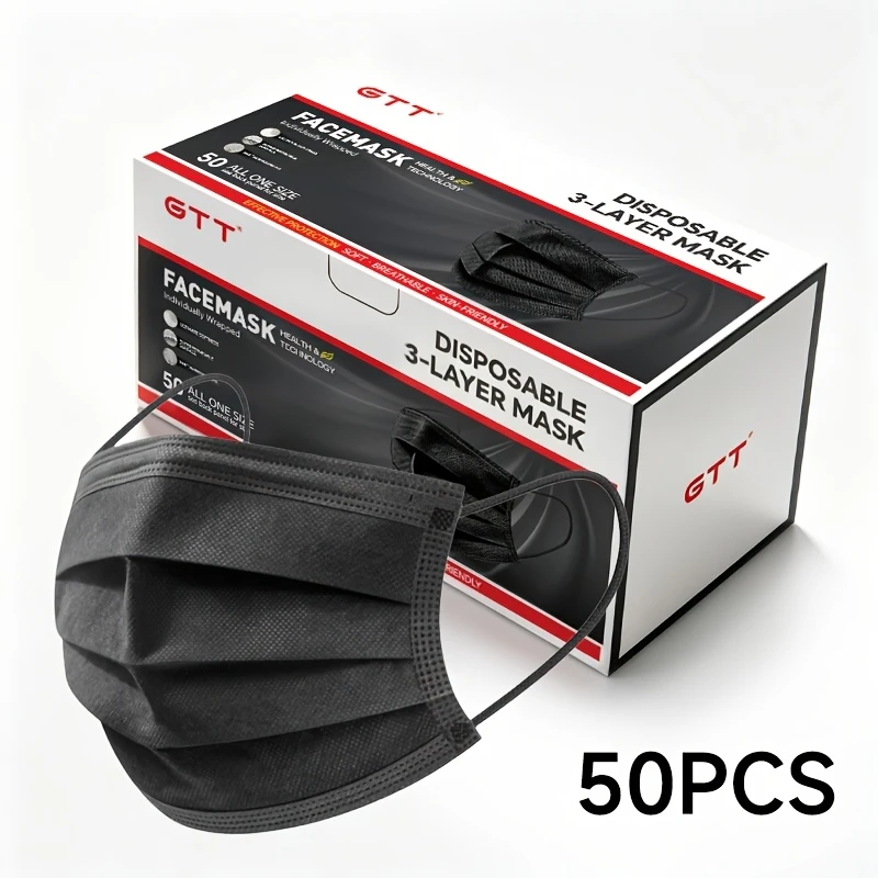 GTT Disposable Face Mask 50Pcs 3‑Layer Non‑Woven Breathable Skin‑Friendly Comfort Face Masks For Adult Daily Outdoor Indoor General Use