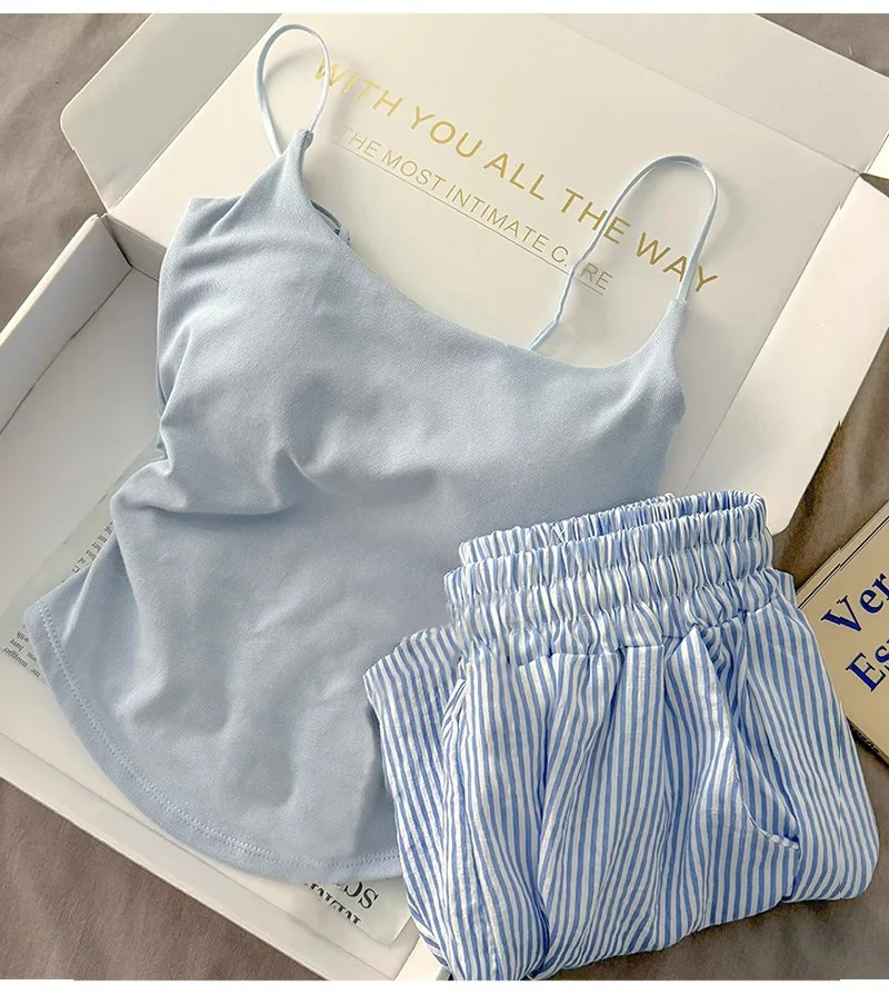 

Solid Color Pajamas with Chest Pads Striped Shorts Women Summer Thin Camisole Shorts Loungewear Large Pajamas Two-Piece Set