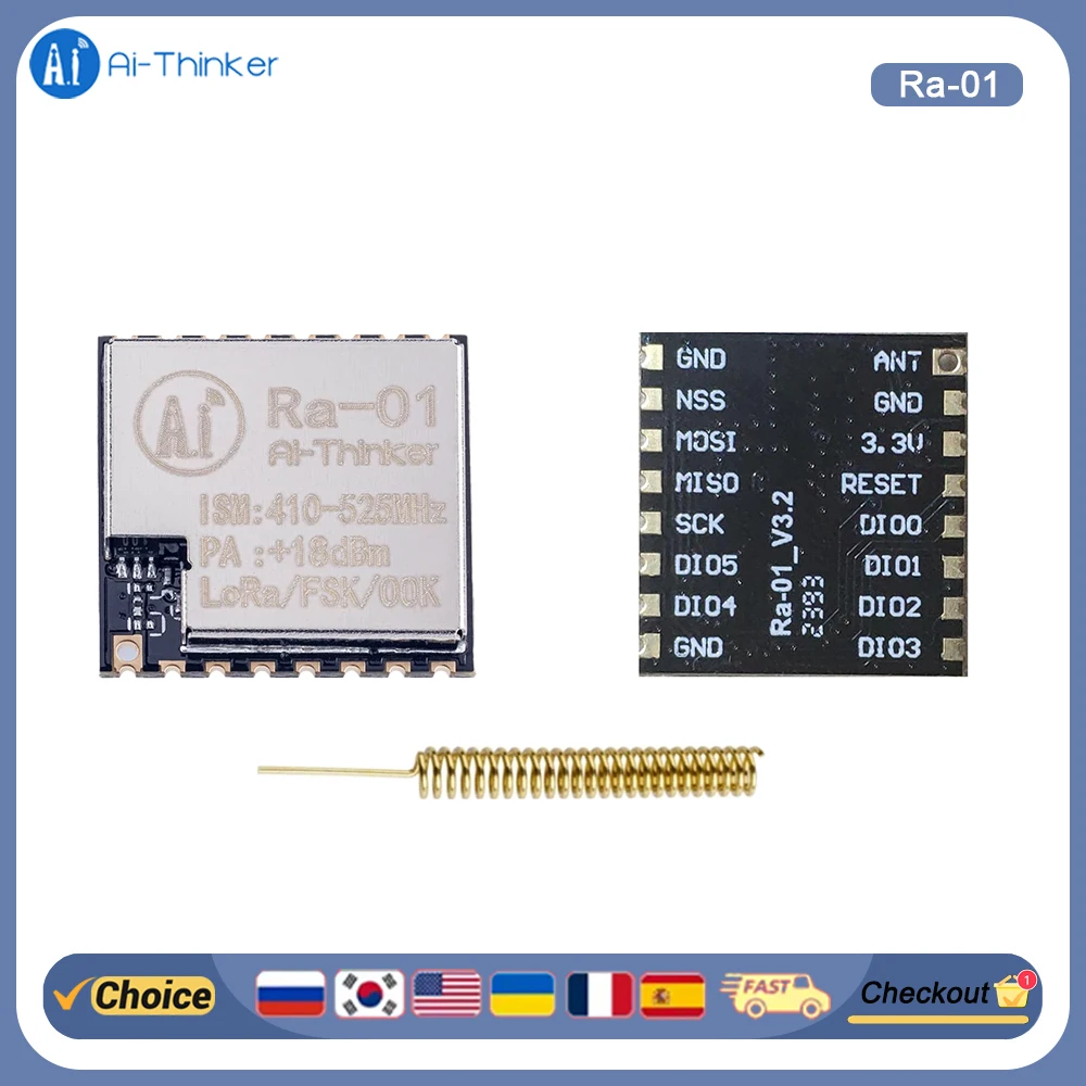 

AI-Thinker Ra-01 SX1278 LoRa 433MHz RF Module SPI Long Range, Wireless, IoT