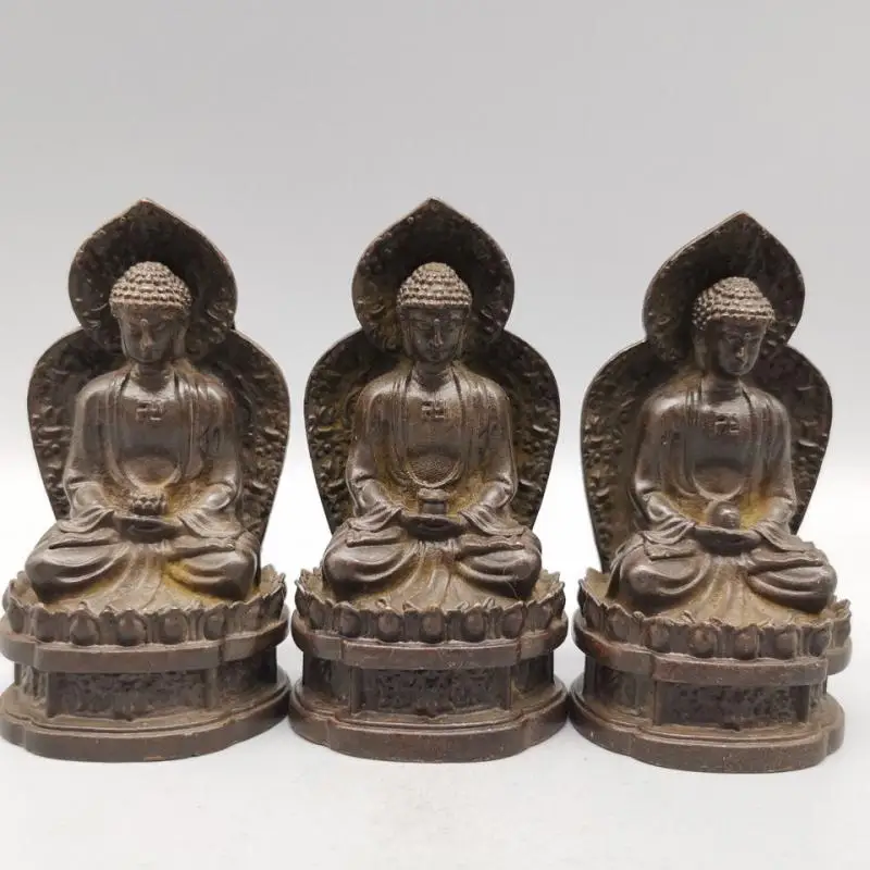 

3.4" Alte Bronze Sakyamuni Tathagata Buddha Lotus Basic Sculpture Medicine Buddha Three Treasures Buddha