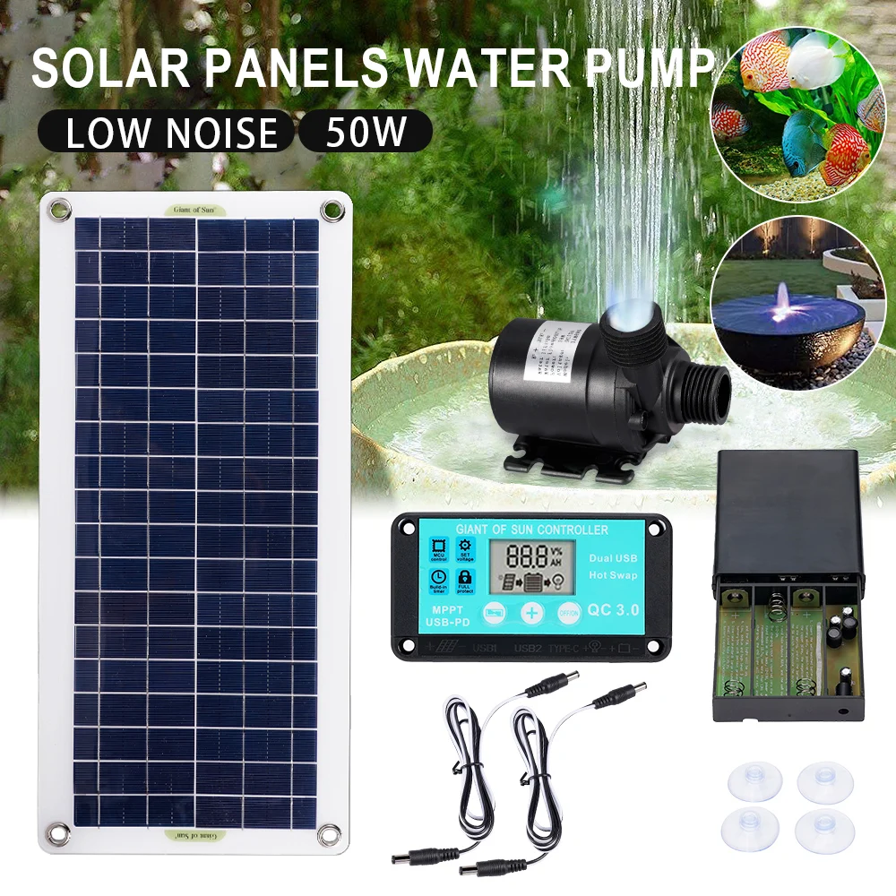 50W Solar Power Water Pump Set 800L/H Ultra-quiet Brushles Set Submersible Water Pump Motor Fish Pond Garden Fountain Decoration