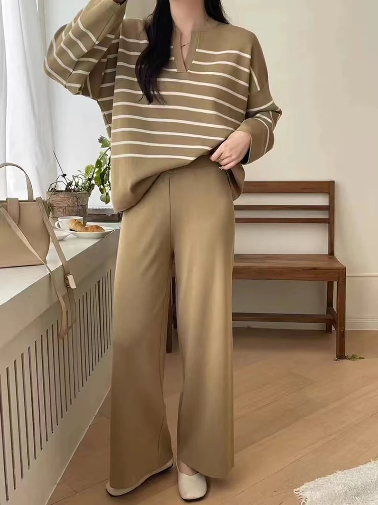 HELIAR Women Casual Knit Two Piece Set Striped Long Sleeve Loose Pullover Sweater and Pants Sets Office Women Outfit Fall Winter