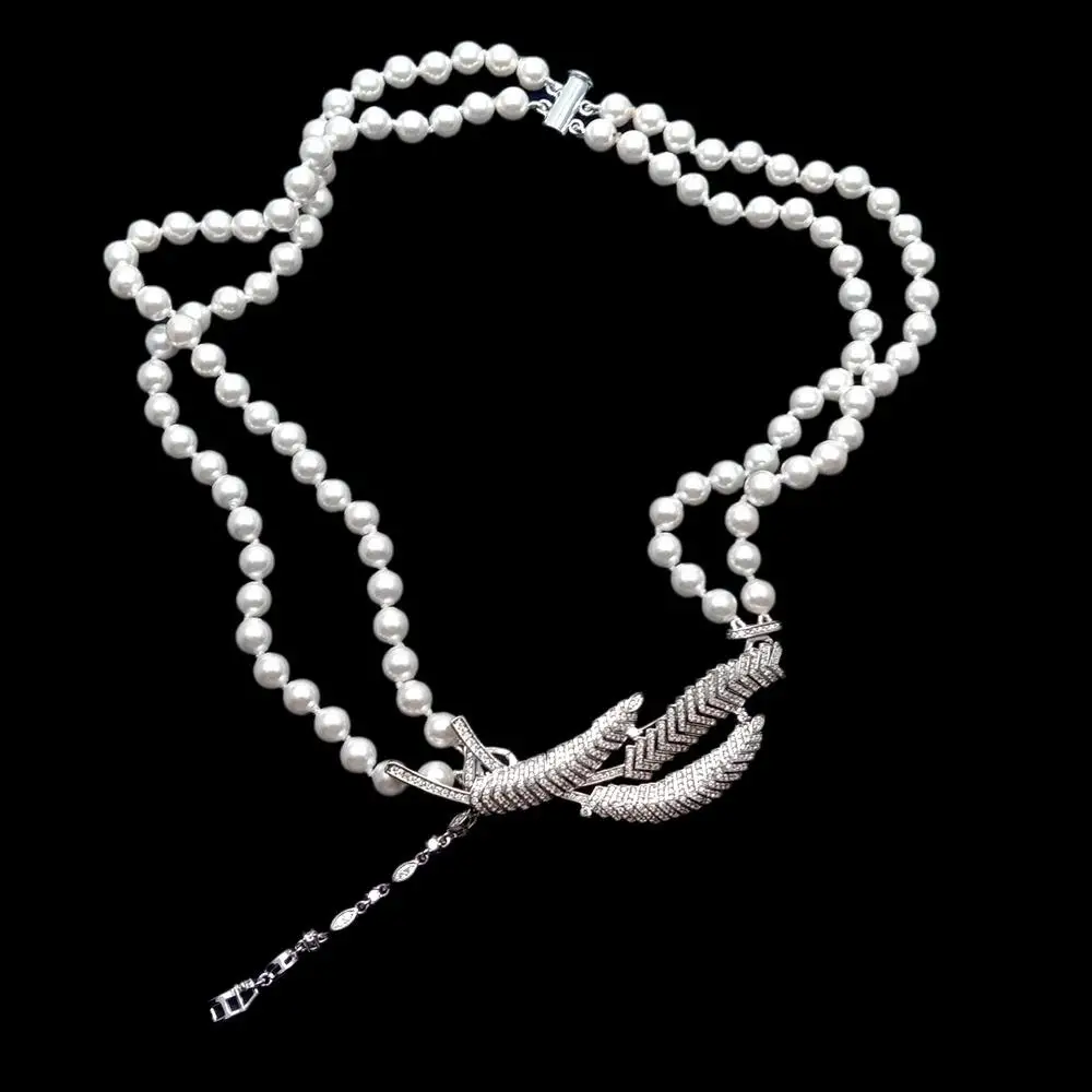 YYGEM 6mm  2 Rows White Sea Shell Pearl Choker Necklace Cz Pave Pendant Collar Lariat Necklaces Jewelry