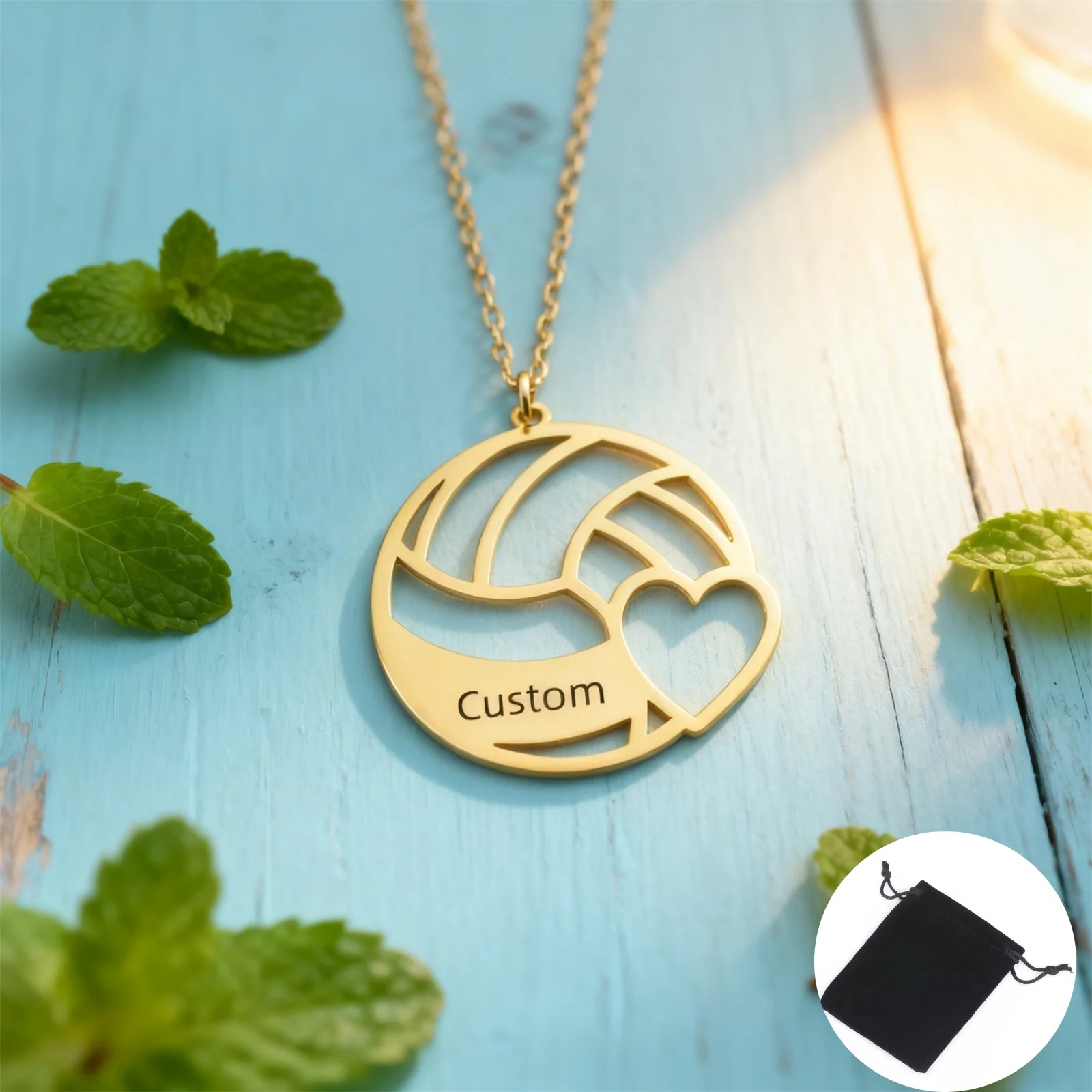 Personalizowany naszyjnik ze stali nierdzewnej z imieniem, datą i motywem siatkówki, naszyjnik sportowy z imieniem, modna biżuteria na prezent.