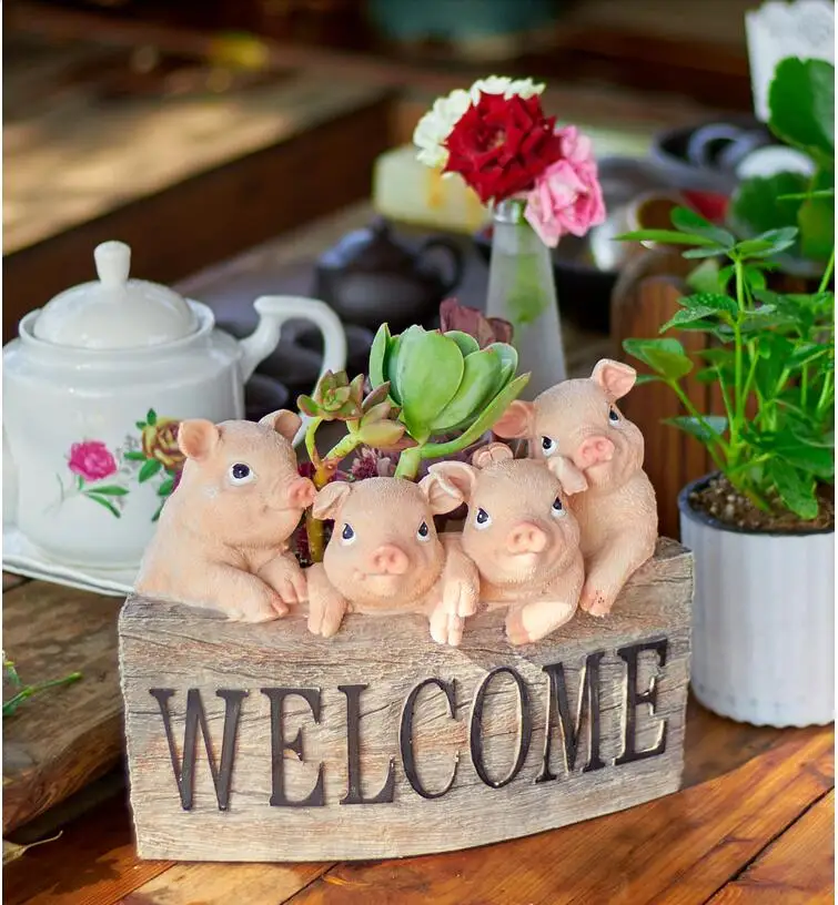 Garden Pastoral Cute Animal Pig Flower Pot Resin Accessories Art Courtyard Park Figurines Crafts Outdoor Sculpture Decoration