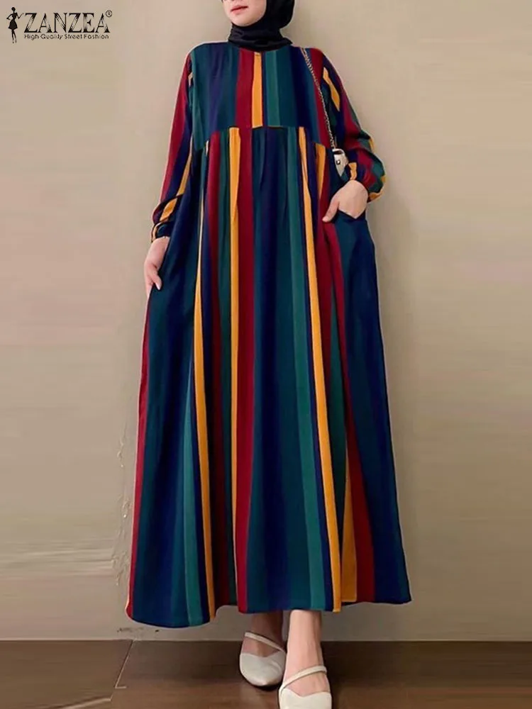 

Fashion Striped Muslim Dress ZANZEA Dubai Turkey Abaya Robe Femme Casual Long Sleeve Sundress Women Long Dress Islamic Clothing