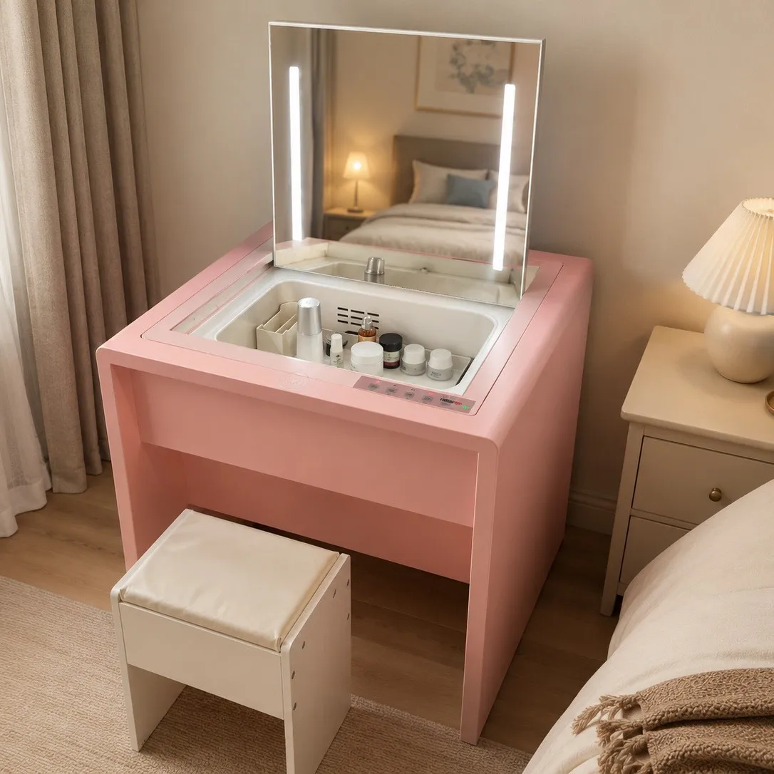 DSA dresser with lamp makeup mirror three-color dimmable bedroom dresser integrated storage cabinet