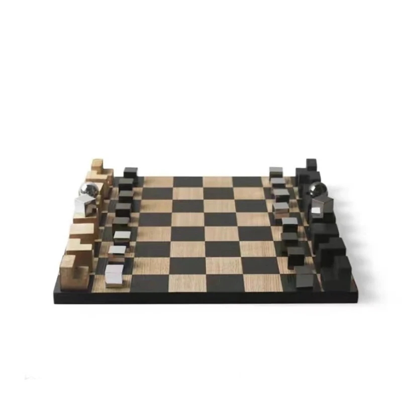 Modern solid wood metal art chessboard ornament desktop living room creative home crafts original design hotel ornament