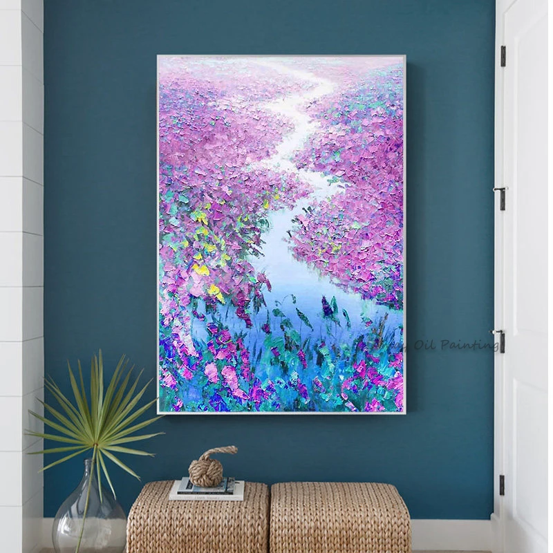 Handpainted Oil Paintings Abstract Flower Water Lily Lake View Purple Canvas Painting Living Room Decoration Mural