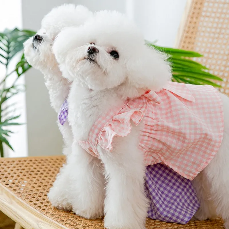 Summer Dog Clothes Luxury Dog Dress Puppy Plaid Suspender Skirt Pet Vest Chihuahua Bichon Yorkie Dog Costume Pink Dog Bow Dress