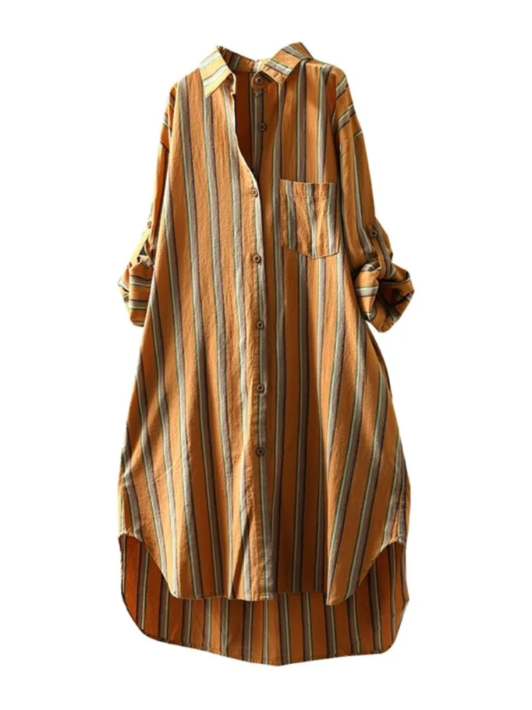 Retro Cotton Linen Stripe Long Sleeve Shirt Dress Women's Loose Casual plus Size Open Cardigan Shirt Mid-Length Top