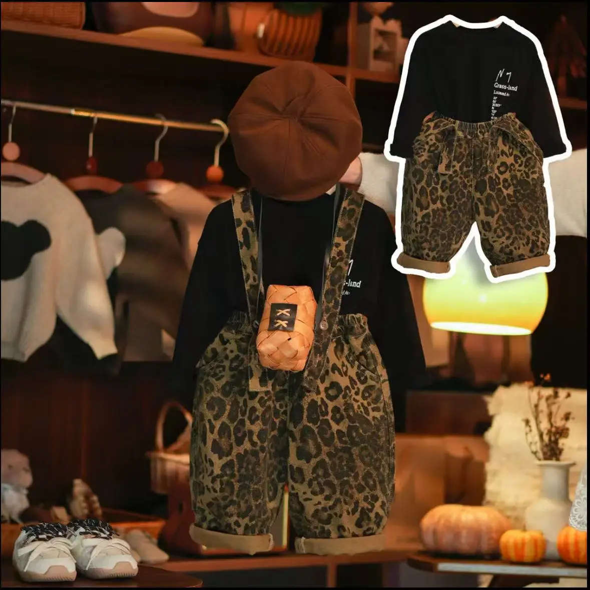 

New leopard print spring and autumn set for children, fashionable black long sleeved T-shirt with overalls for children