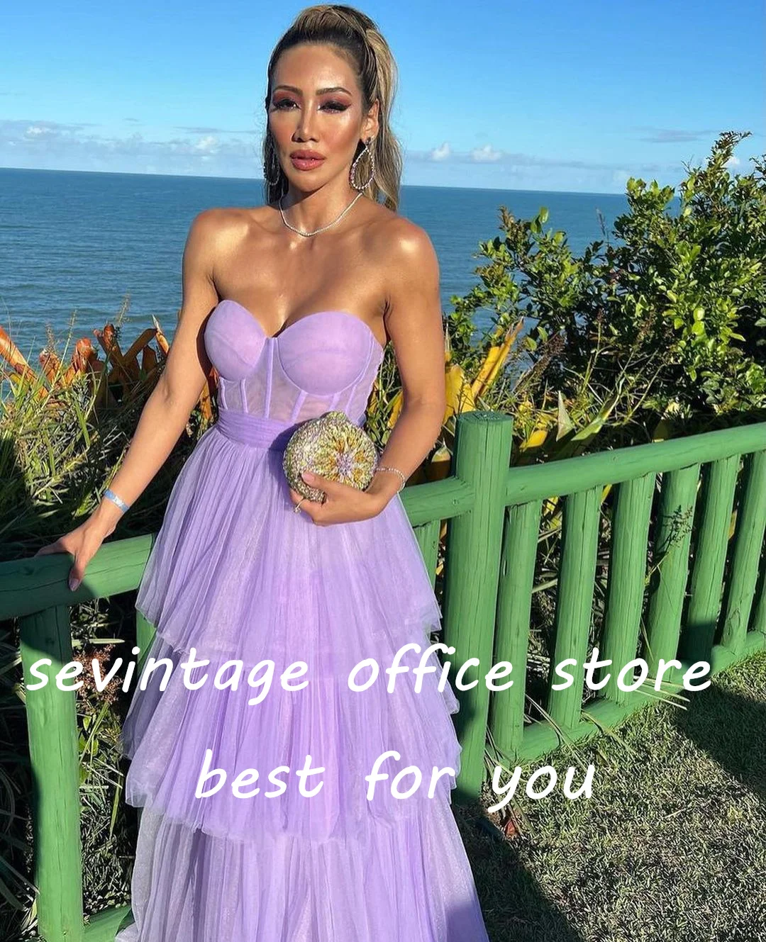 Sevintage-Lavender Tiered Ruffles Tulle Prom Dresses femininos, querida sem mangas, A-Line Plissado, Ruched Vestidos de noite, vestido de festa formal