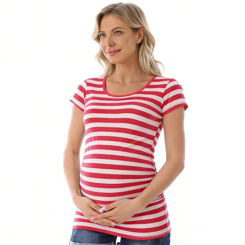 

Летняя полосатая футболка для беременных больших размеров, повседневная свободная дышащая удобная футболка для беременных женщин