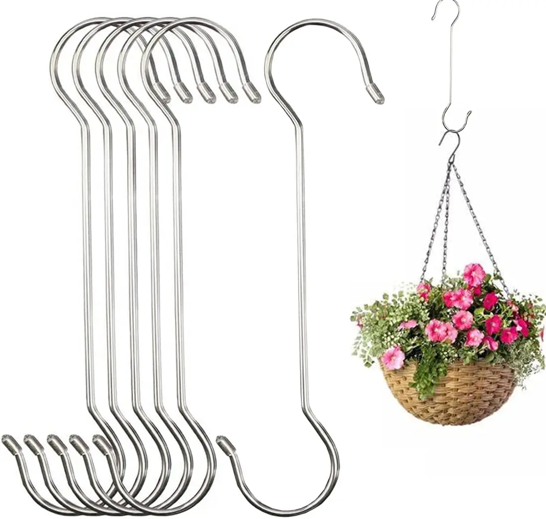6 Pack Extra Large Heavy Duty Long Outdoor Plant Hanging S Hooks - for Baskets, Bird Feeders, Wind Chimes, Garden Ornaments