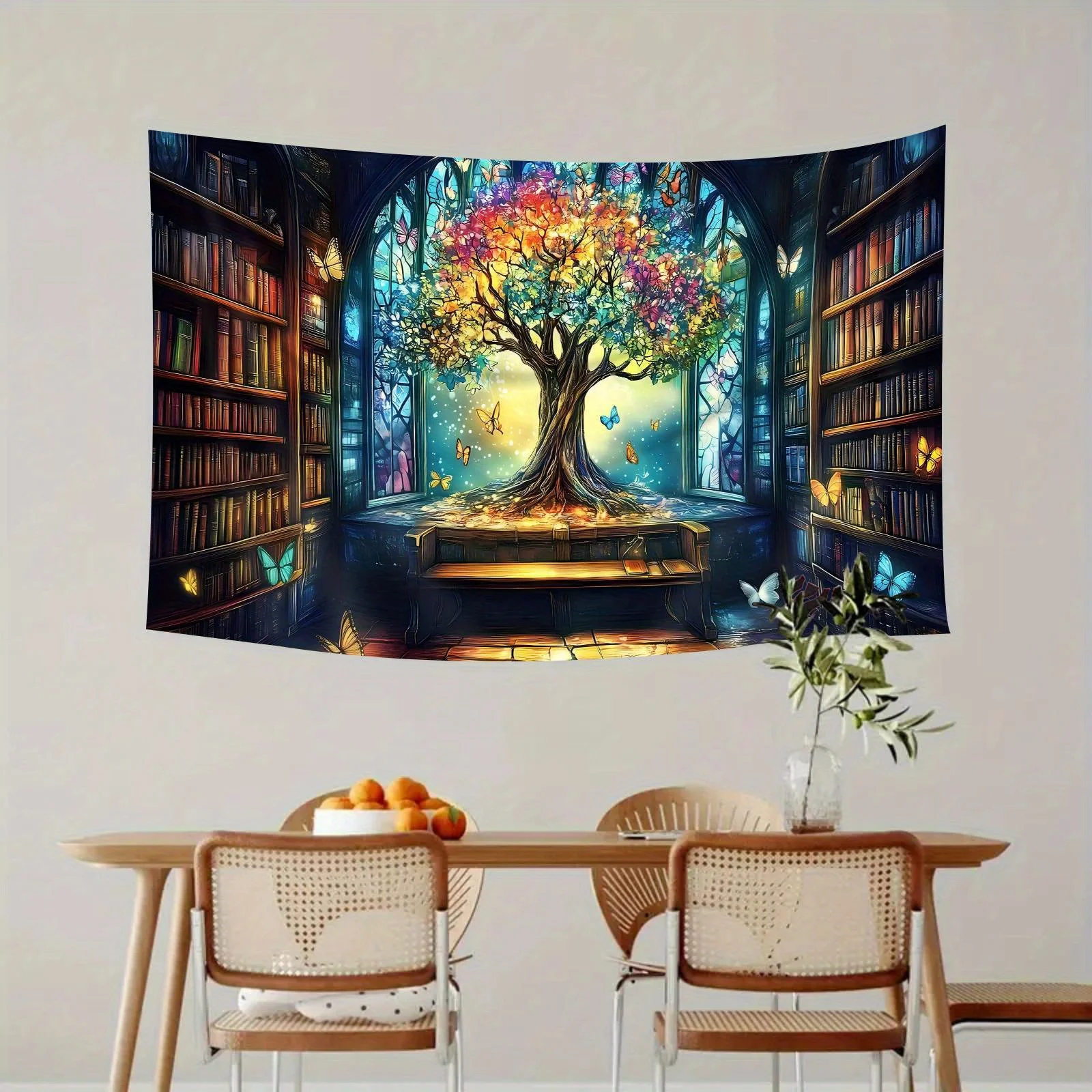 Magical Library Tree Tapestry Wall Decor for Bedroom Cozy Atmosphere, Fantasy Home Style, and Enchanted Knowledge Enhancement