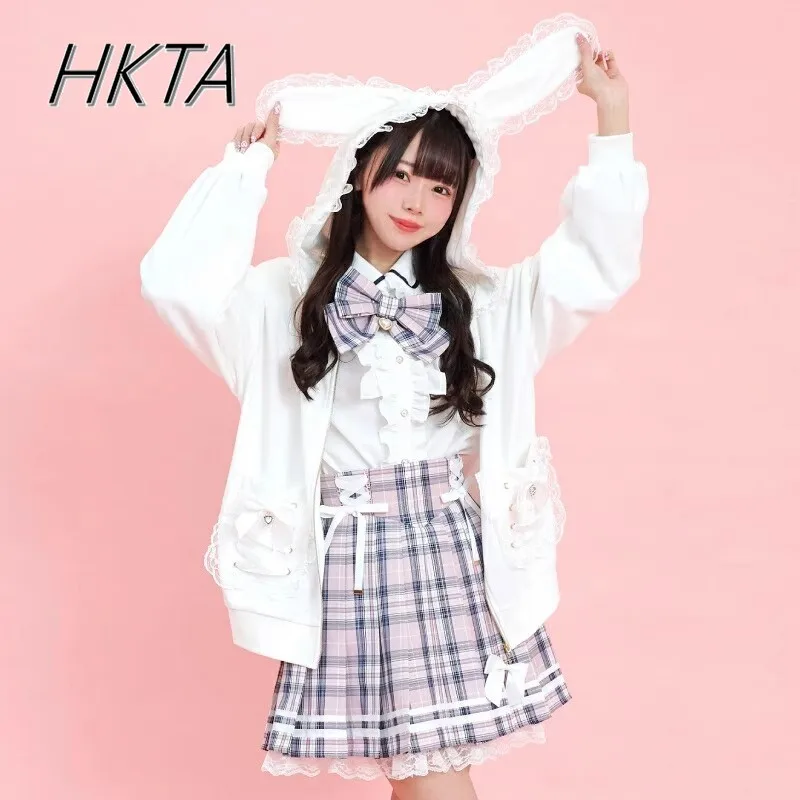 重工業甘いかわいいロリータ白トレーナーカーディガン女性ルーズカジュアルジップパーカーレースエッジ漫画プリントパーカージャケット