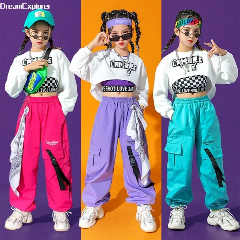 Hip Hop Girls Colorful Cargo Pants Crop Top Child Streetwear Cheerleader Solid Joggers Kids Jazz Street Dance Stage Clothes Sets