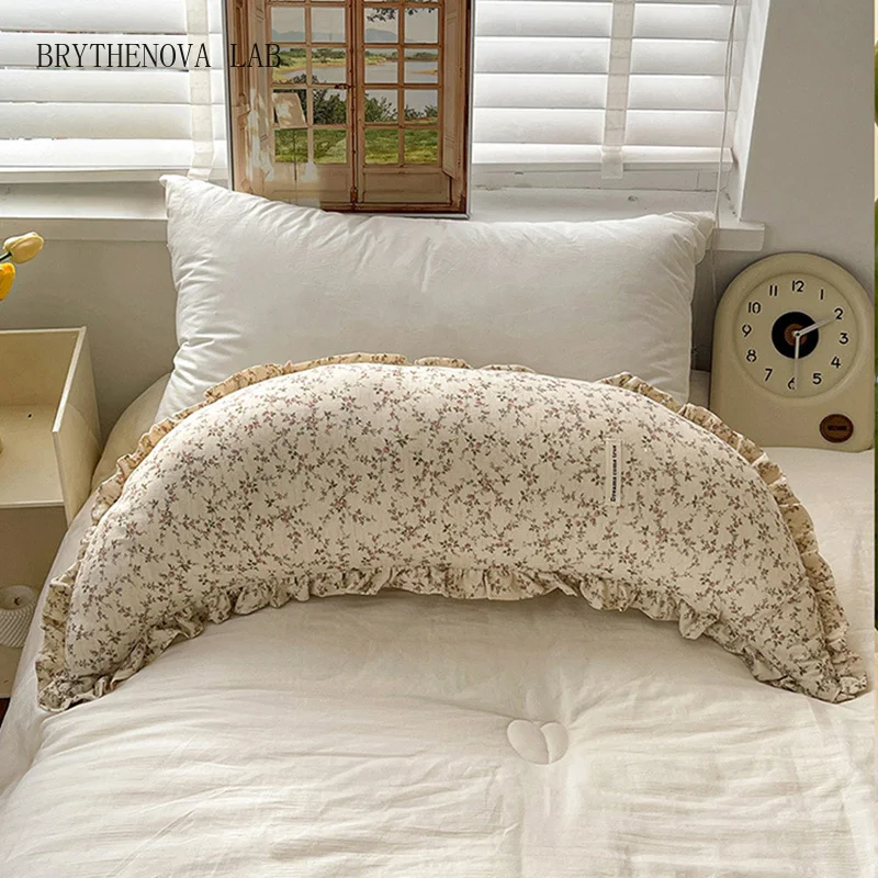 80cm Korean Flounces Crescent Pillow Large Moon-shaped Body Pillow Floral Woman Cotton Linen Fluffy Bedroom Sleeping Girl