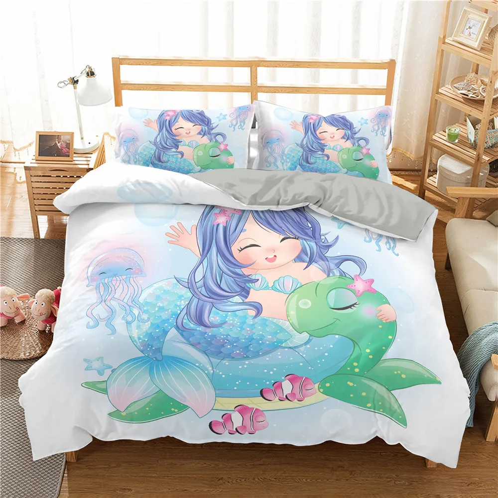 Mermaid Duvet Cover King Queen Cute Cartoon Fairy Tale Sea Creature Bedding Set Fish Scale Girly 2/3pcs Polyester Quilt Cover