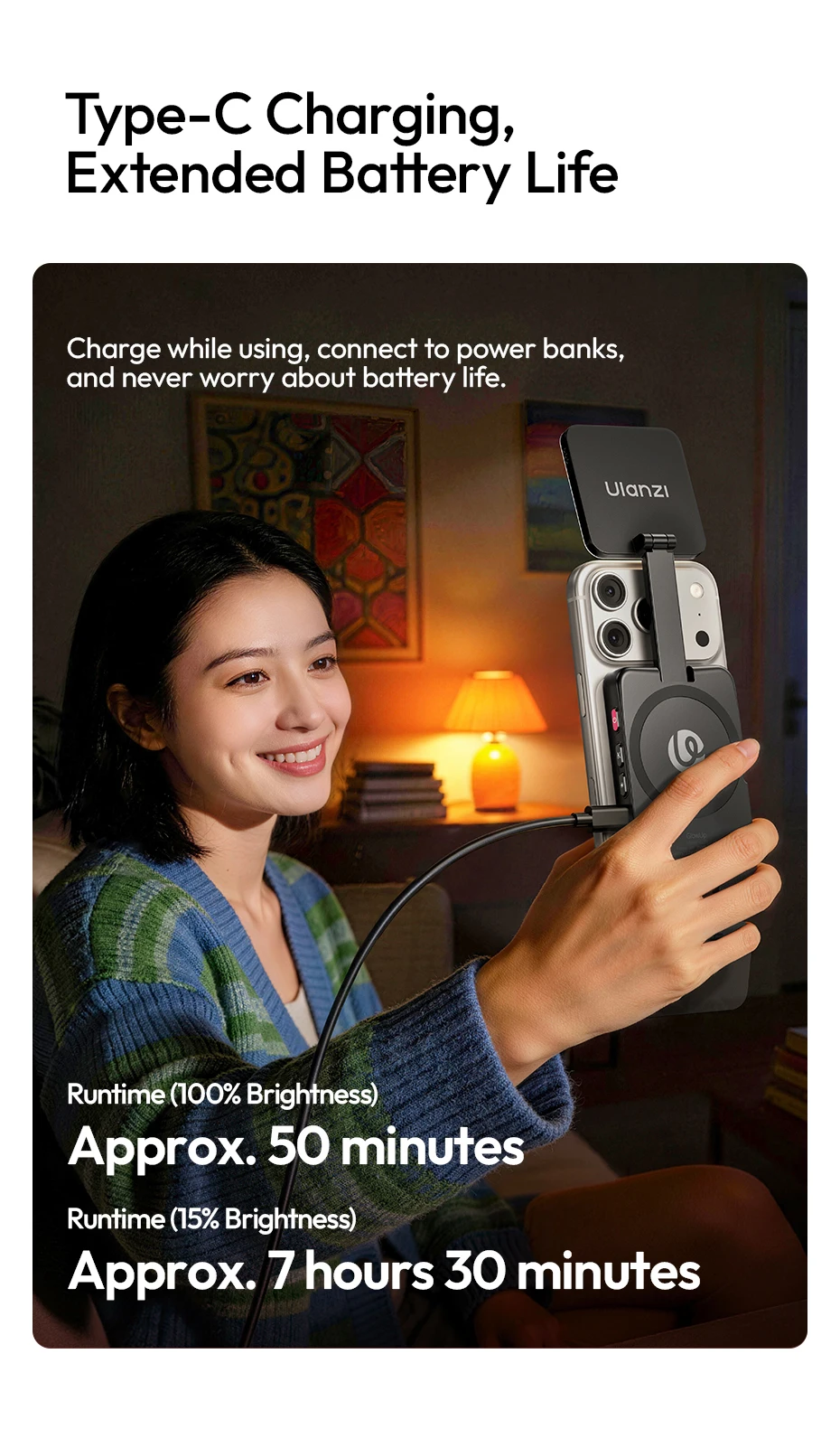 Ulanzi GL01 Magnetisches Aufstecklicht, einstellbares Dual-Seitenlicht für iPhone 17 Android, dimmbares Selfie-Licht 2700-6500K für Live-Vlogs – Detail 16