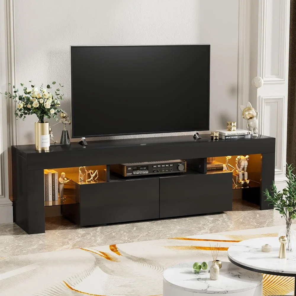 Modern LED TV Stand for Televisions up to 70 Inch with Glass Shelves and Drawer, Gaming Entertainment Center