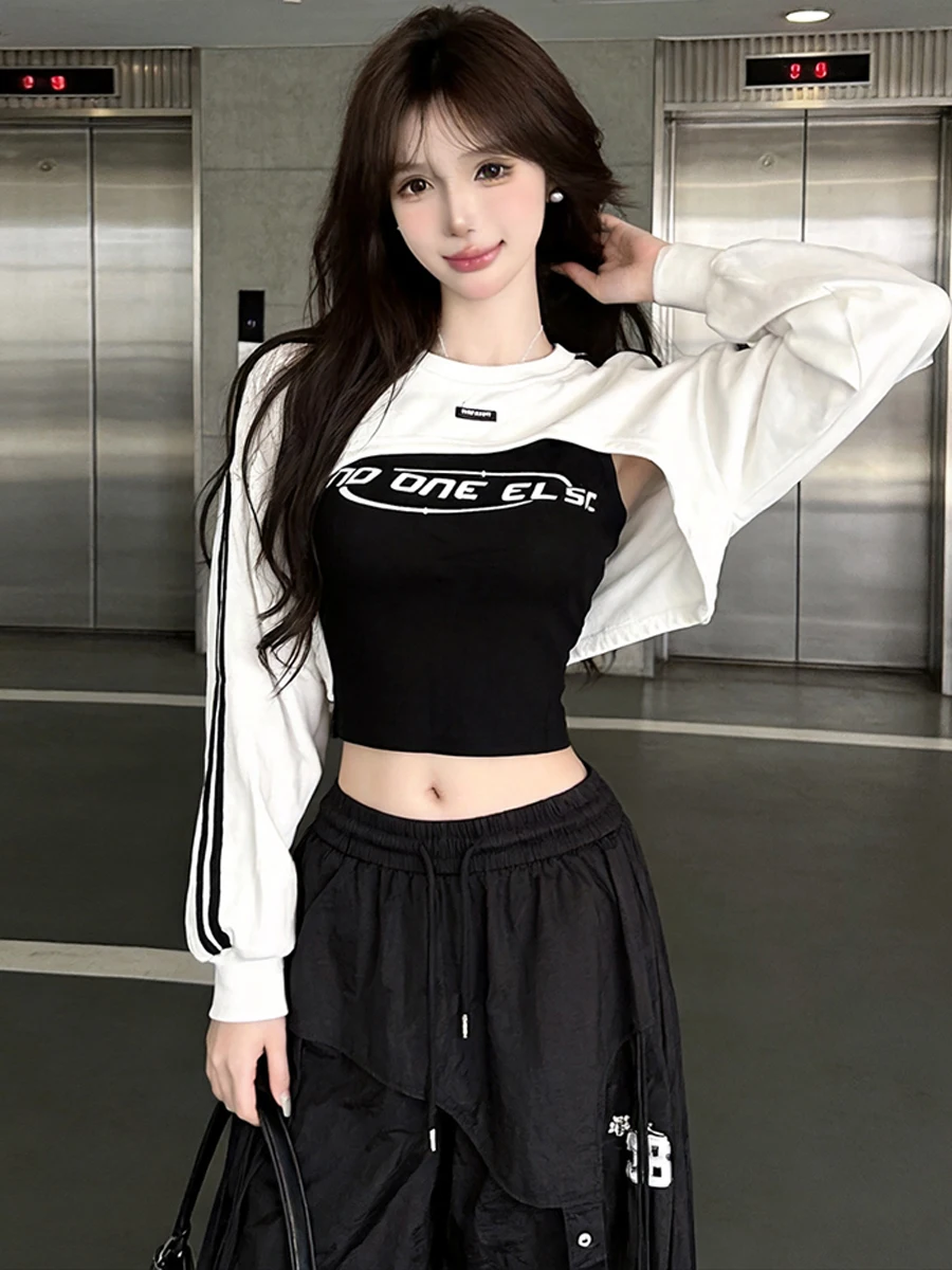 Early Autumn American Hot Girl Letter Print Camisole Vest Long Sleeve Inner Wear Striped Short Sweatshirt Personality Set