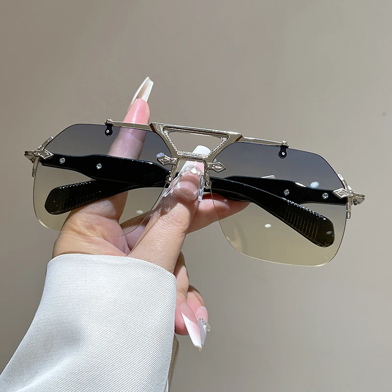 KAMMPT Rimless Oversized Sunglasses Men Fashion Vintage Double Bridge Pilot Shades Women Trendy Design Outdoor Decor Sun Glasses