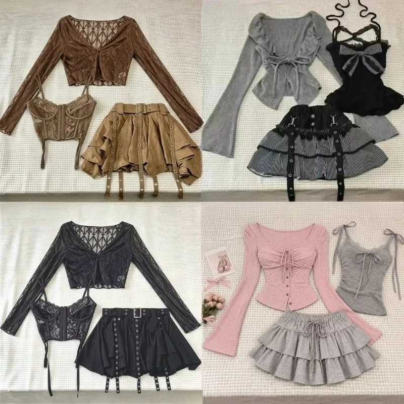 Harajuku Vintage 3 Piece Outfit Korean Fashion Women Short Lace Cardigan + Slim Vest + Y2K E-Girl High Waist Skirt Streetwear