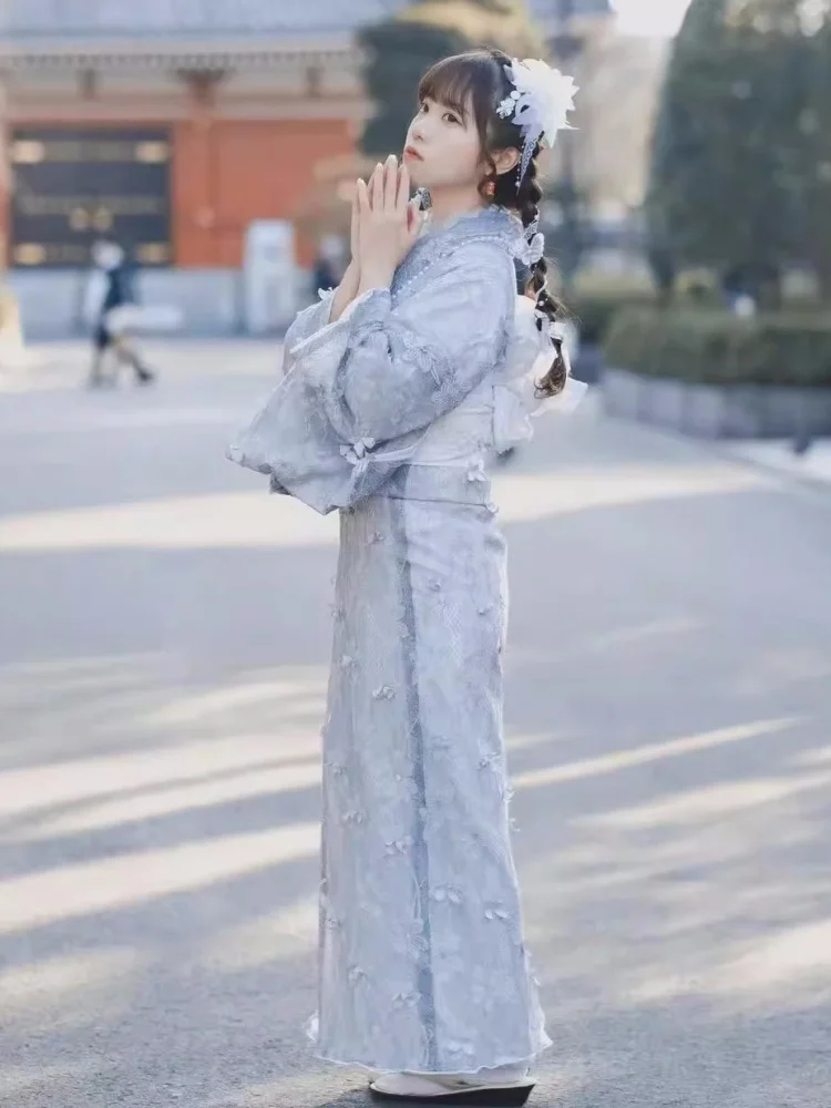 

Women Japanese Traditional Lace Kimono Blue Color Performance Long Dress Cosplay Costume Photography Dress