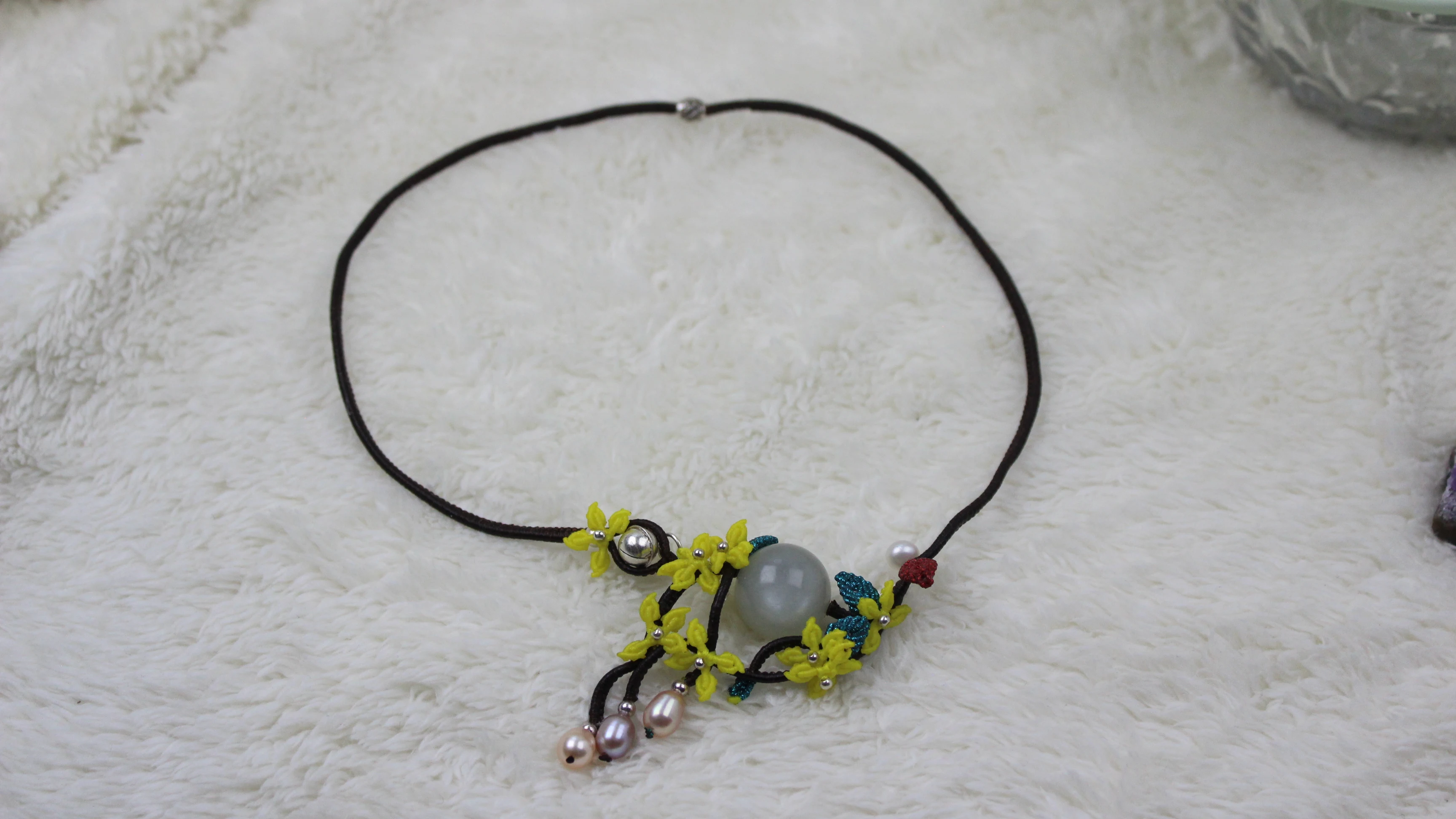 

Macrame Handmade Wax Woven 18mm White Moonstone Bead Necklace Exclusive Custom Design