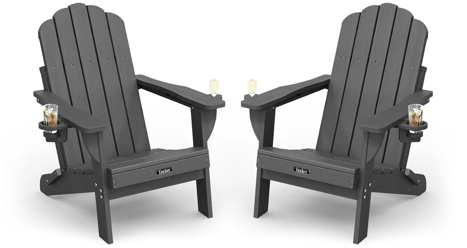 HDPE Folding Adirondack Chair Set of 2 with Cup Holders, Wood Texture Patio Chair for Fire Pit, Grey, Customized