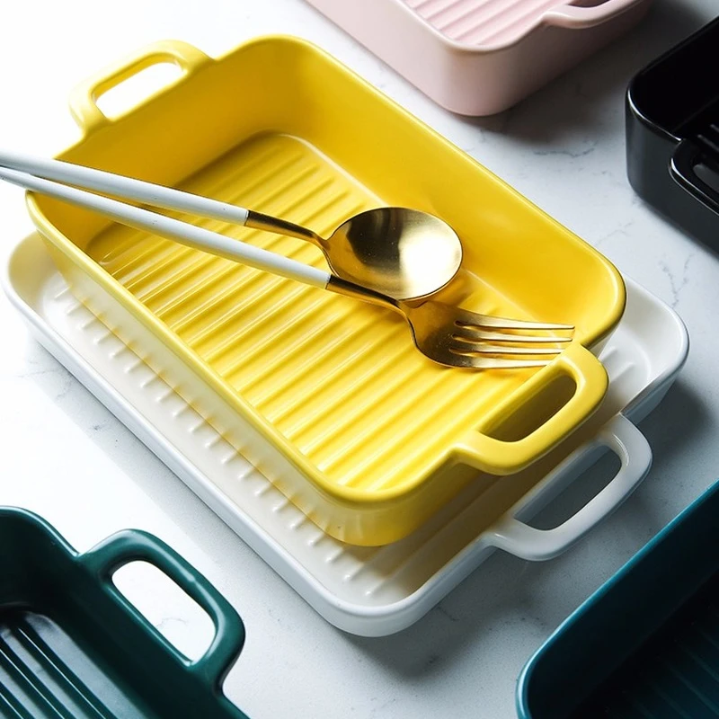 Binaural Baking Dish Ceramic Household Rectangular Oven Cheese Baked Rice Baking Copy Bowl Creative Dish Kitchen Supplies