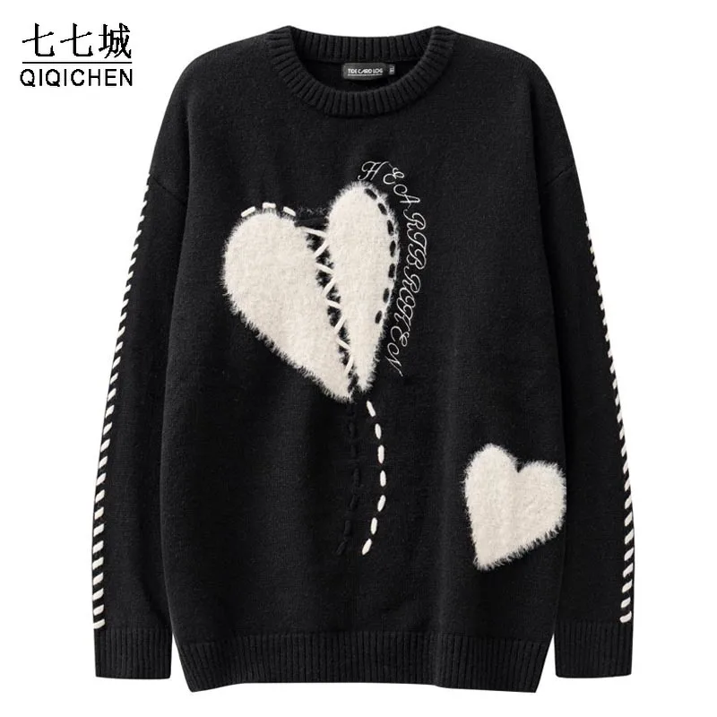 Vintage Knitted Pullover Sweaters Men Flocking Embroidery Love V-Neck Sweater Harajuku Casual Oversize Jumpers Unisex Streetwear