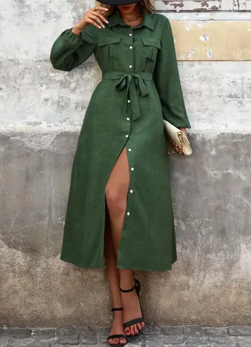 

2025 New Autumn Women's Wear, Lapel Green Long-Sleeved Pure Color Dress