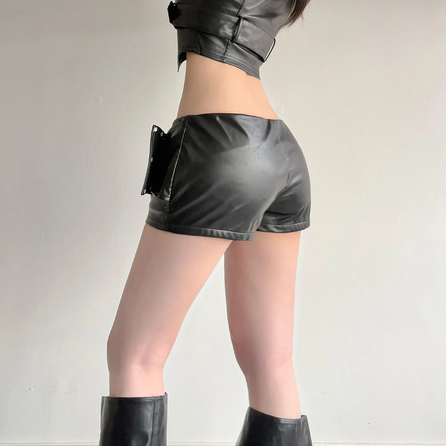 Women Black Gothic Emo Y2K Mini Shorts Sexy Wide Belt Leather Short Pants Low Waist Bodycon Shorts Micro Boot Short Summer 2026