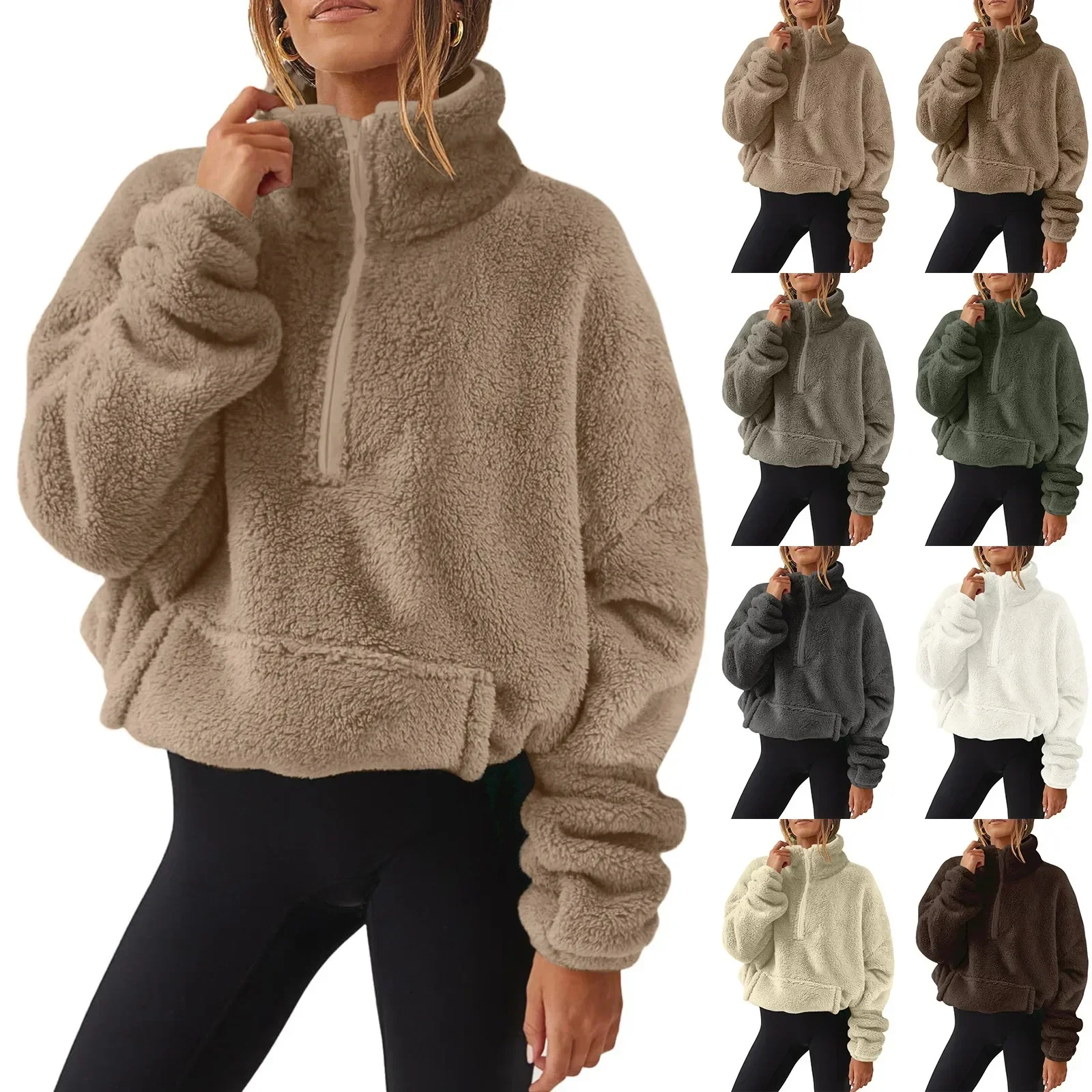 Vrouwelijke winter warme wol pluche mode casual lange mouw zak trekkoord halve rits dik sweatshirt