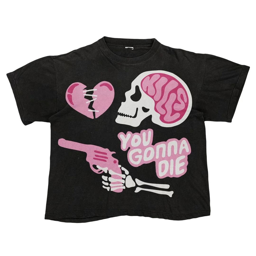 Casual Breathable Loose Personality T-shirt 2023 Summer Fun Funny Gothic Skull Text Printing Short Sleeve Y2K Men and Women