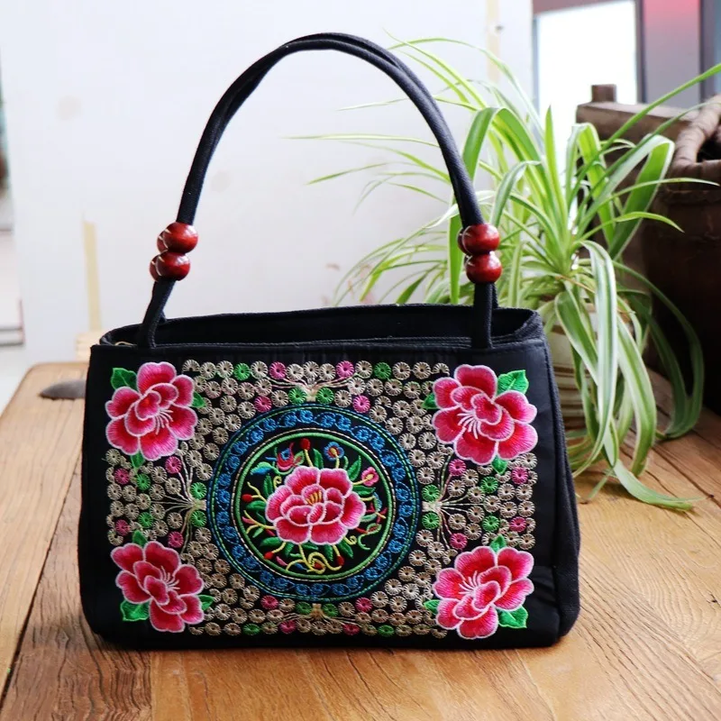 Bird Embroidery Flower Handbag Leaf Canvas Rose Flower Shoulder Bag Underarm Bag Mommy Bag Ethnic Style Tote Bag Ladies/Girls