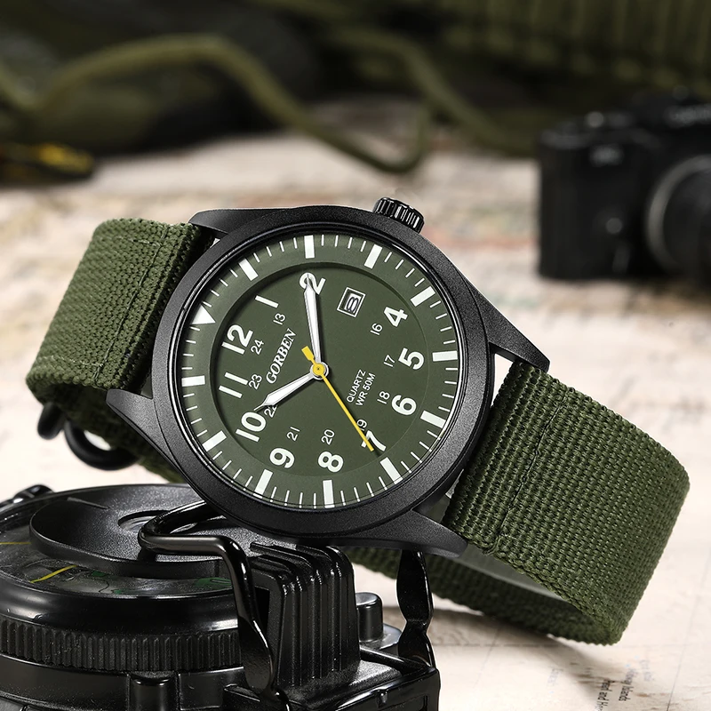 Military Watch for Men Luminous Hands Sports Nylon Belt Quartz Wrist Watches Wristwatch Reloj Army Green Male Chronograph Clock