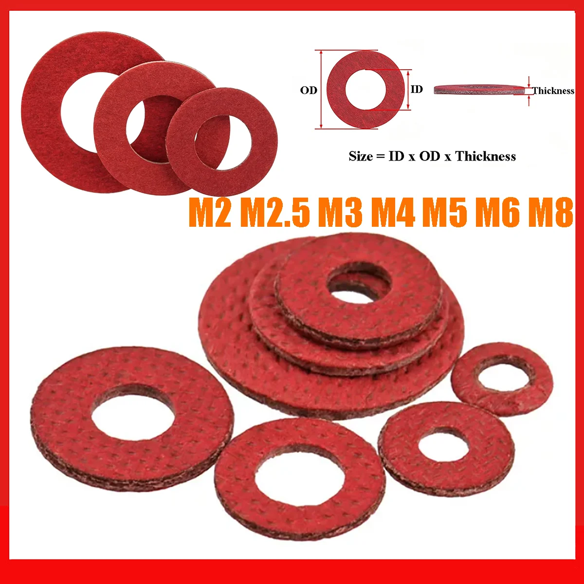 100/500pcs M2 M2.5 M3 M4 M5 M6 M8 Red Steel Paper Fiber Insulating Flat Washer Spacers Insulation Plain Gasket Pad Ring Meson