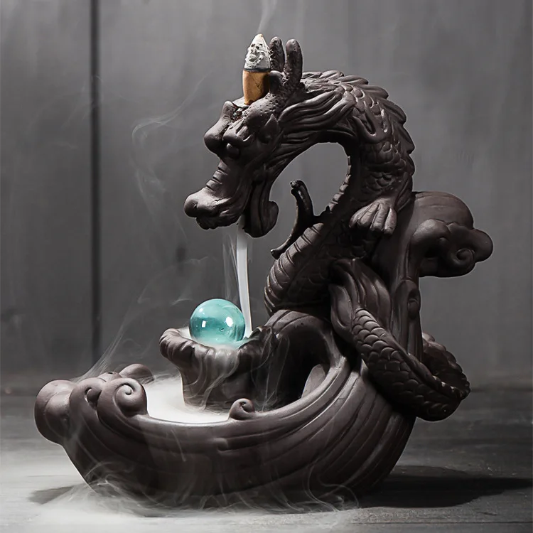 

With 50Cones HandMade Ceramic Backflow Dragon Incense Burner Creative Home Decor Chinese Dragon Censer With Crystal Ball