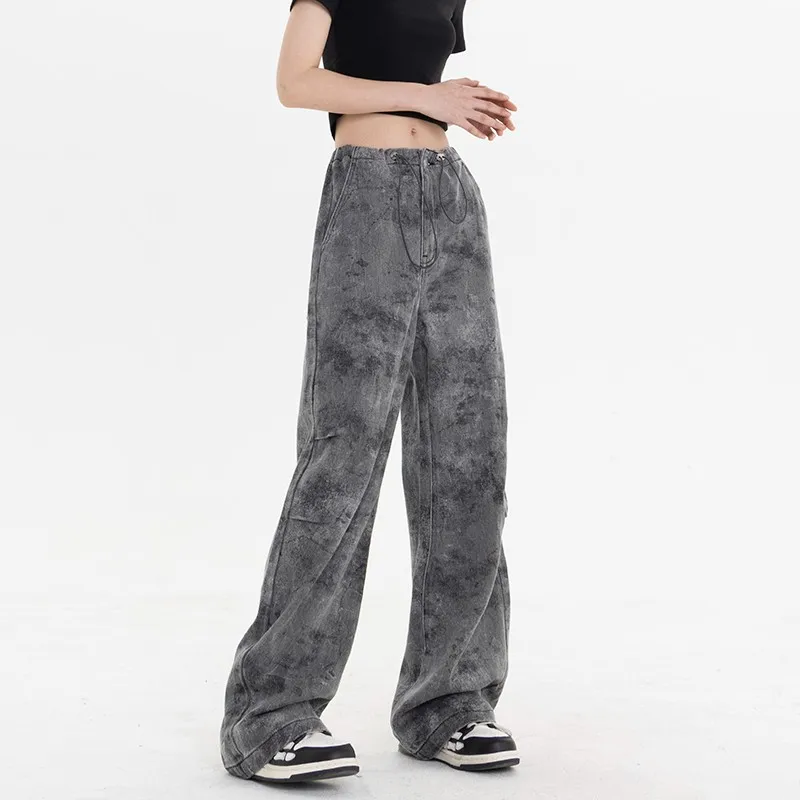 WCFCX STUDIO Cargo Jeans For Woman Tie Dye Harajuku Pants Fashion Streetwear Straight Wide Leg Denim Trousers