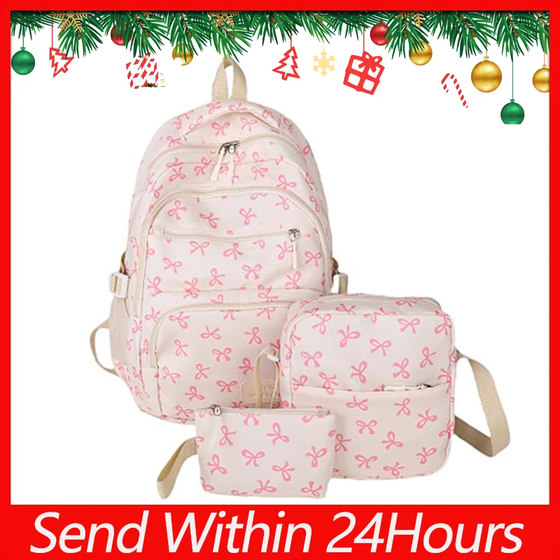 3 Pcs/Set Korean Fashion Bow Print Women Fashion Backpack Lightweight Simple Student School Bag Adjustable Strap Travel Backpack