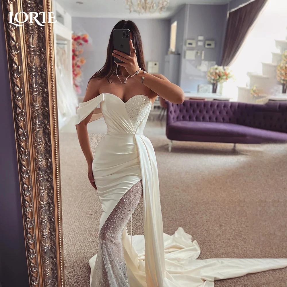 

LORIE Vintage Slit Mermaid Wedding Dress Train Pleats Sweetheart Shiny Sequin Bridal Gown One Shoulder Bride Dress Customized